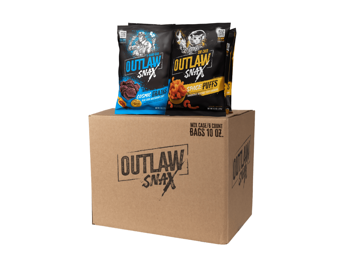 Outlaw Snax variety pack featuring Cosmic Grains blue corn multigrain tortilla chips and Space Puffs cheese snacks in a 10 ounce bag mixed case.