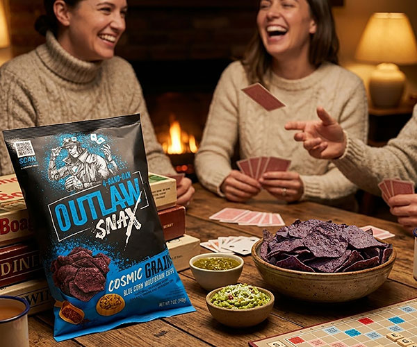 Outlaw Snax Cosmic Grains blue corn multigrain tortilla chips enjoyed during a game night with friends.