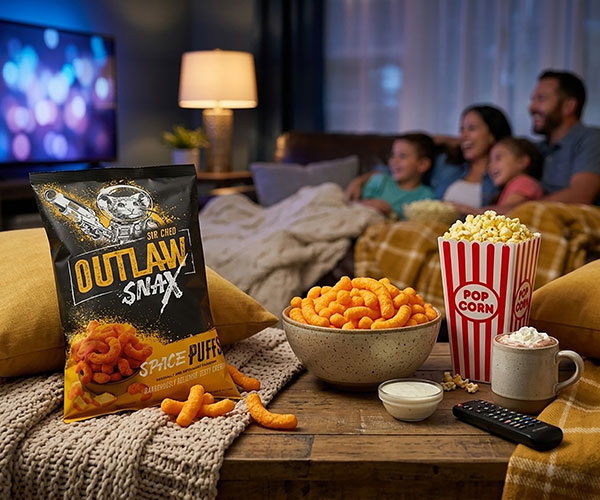 Outlaw Snax Space Puffs cheese snacks enjoyed during a family movie night with popcorn and snacks.